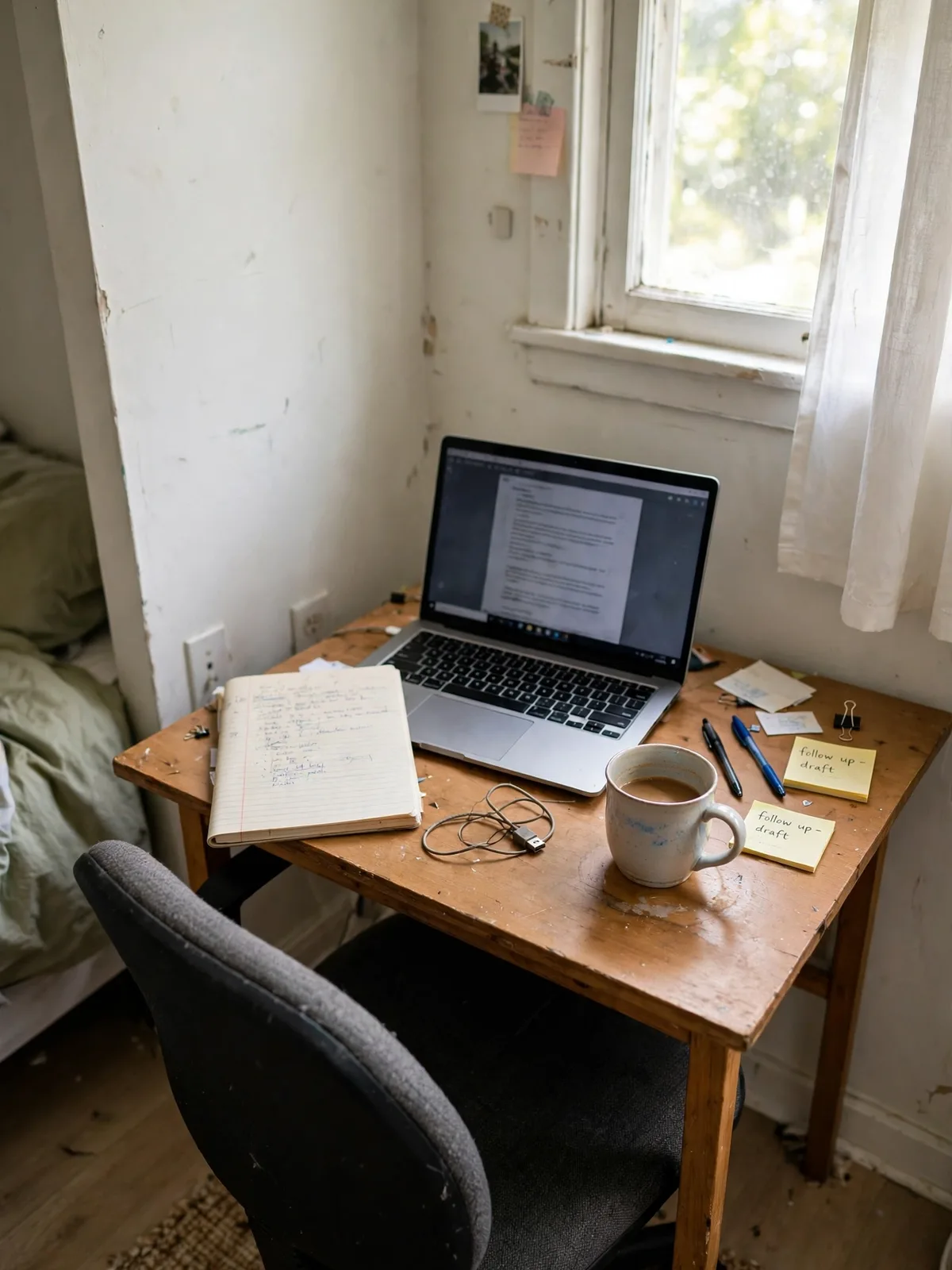 Small desk pushed flat against a bedroom wall with a laptop, notebook and mug, one clear work zone in a bright lived-in room