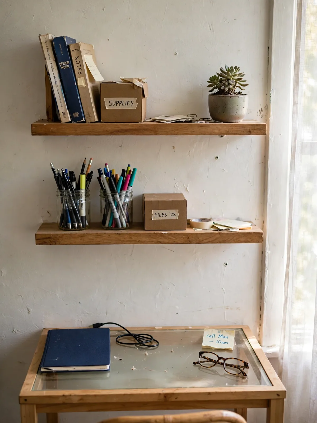 Two wooden floating shelves above a small desk holding books, storage boxes, a small plant and jars of pens in bright daylight