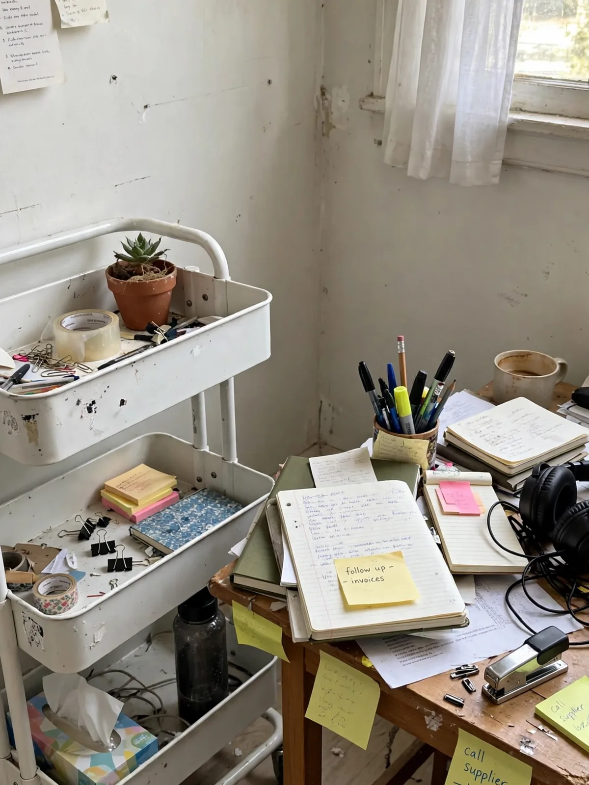 White three tier rolling cart beside a small desk filled with notebooks, pens, sticky notes, a stapler and headphones in a home office
