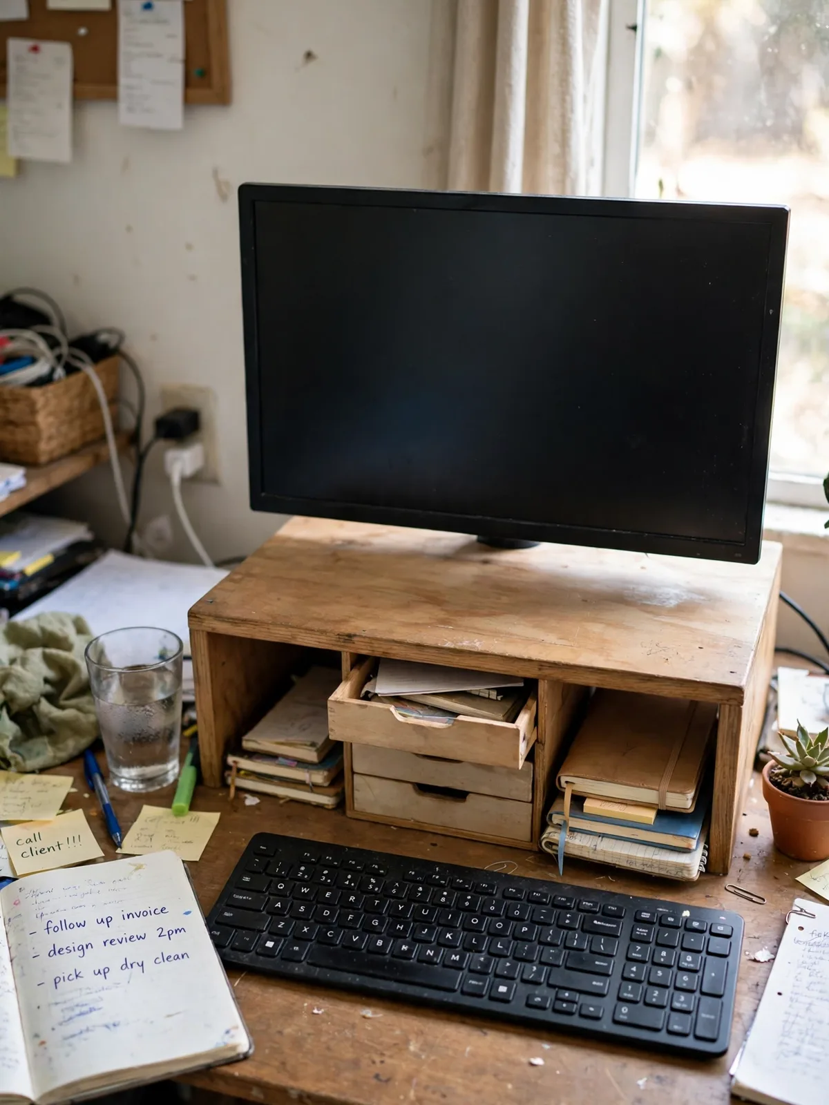 Monitor on a wooden riser stand on a small desk with notebooks and a small drawer tucked underneath and a keyboard in front