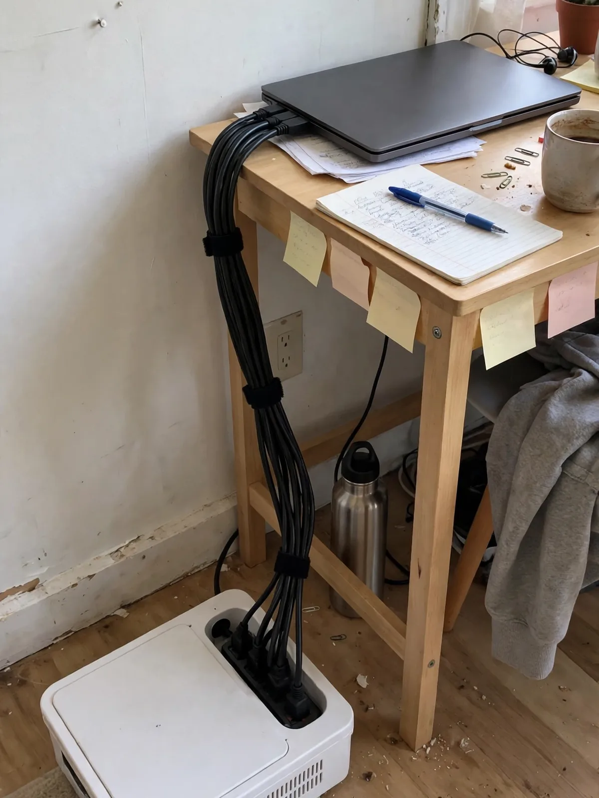 White cable management box on the floor beside a small desk hiding a power strip with cables bundled neatly using black velcro ties