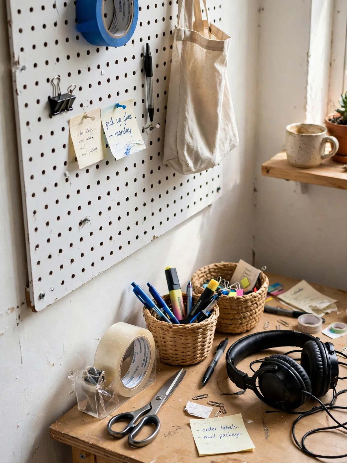 White pegboard on the wall beside a small desk holding scissors, tape, small baskets, headphones, pens and a tiny shelf with supplies