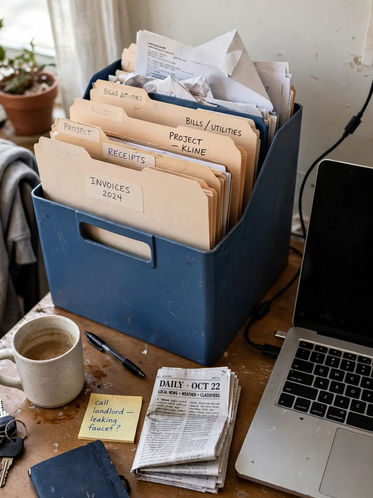 Desktop file box with hanging folders and labeled tabs on a small desk next to a laptop holding a few daily papers