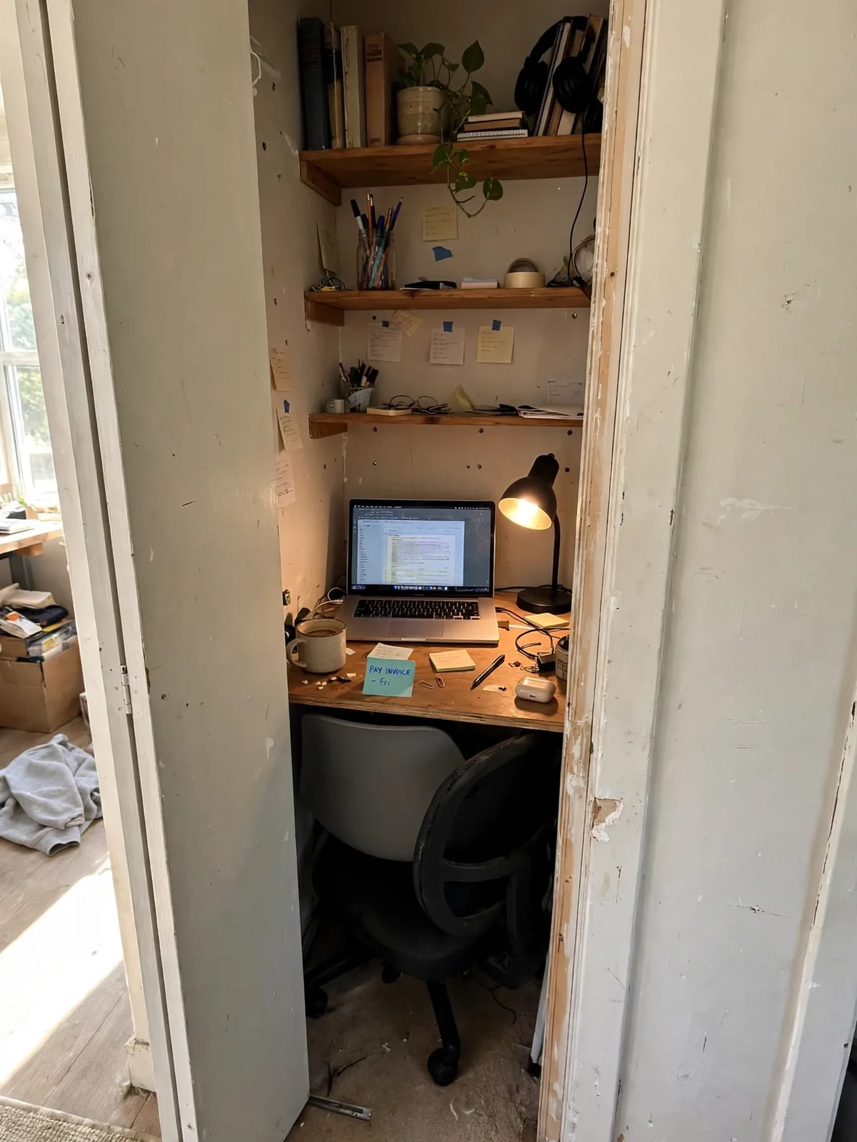 Small closet converted into a tiny cloffice with doors open, a narrow desk, laptop, lamp and shelves inside a bright bedroom
