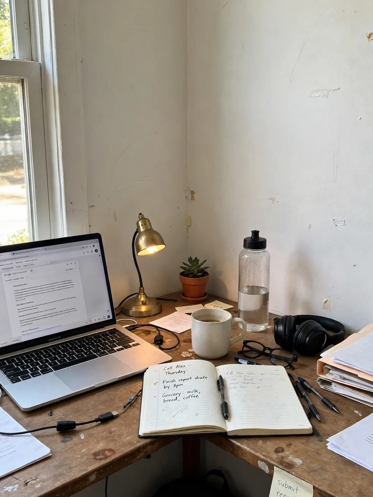 L-shaped corner desk fitting snugly into an unused room corner with a laptop, small lamp and notebook using dead corner space well