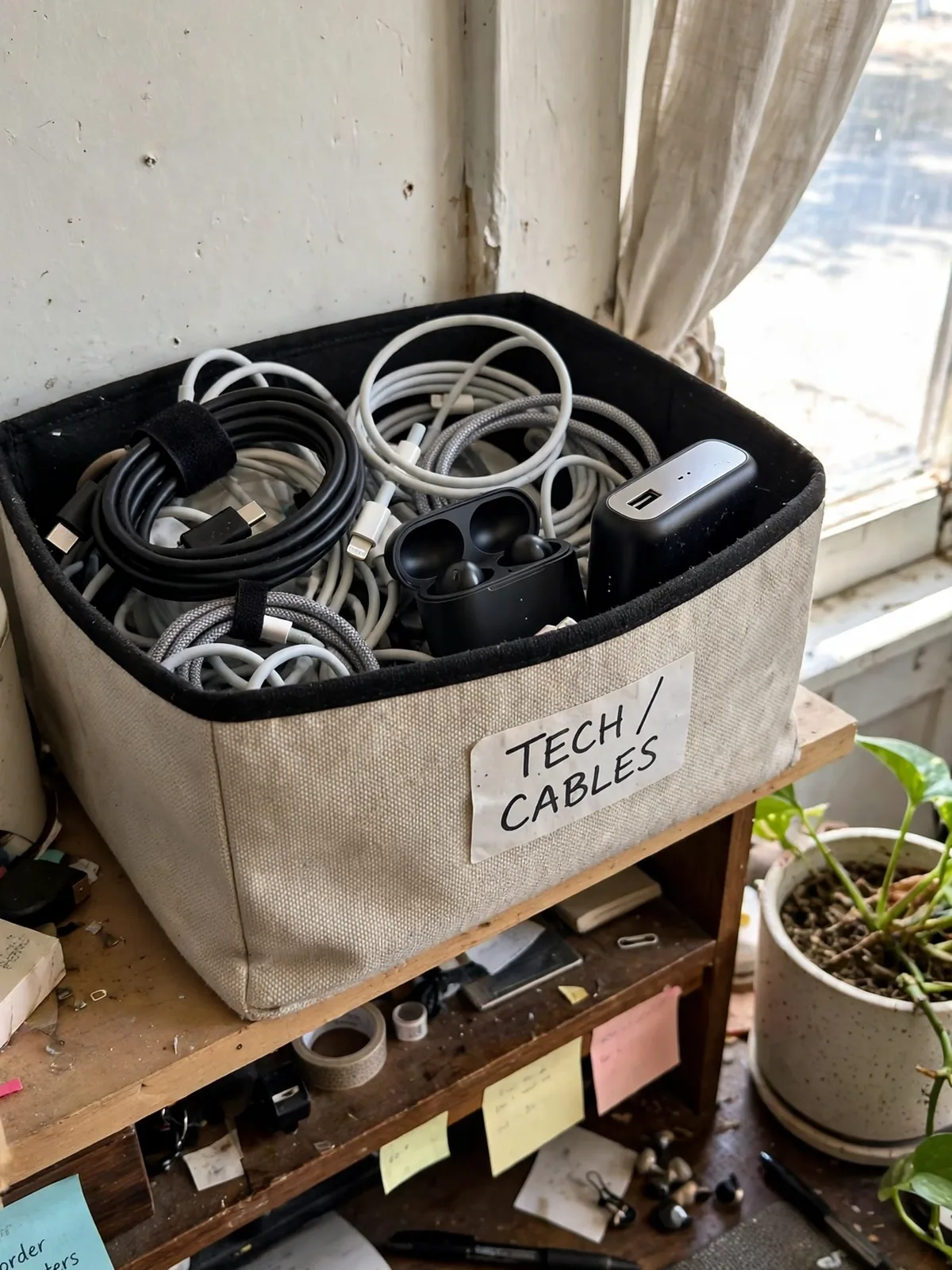Open labeled fabric bin on a shelf beside a desk holding coiled chargers, USB cables, earbuds and a small power bank neatly