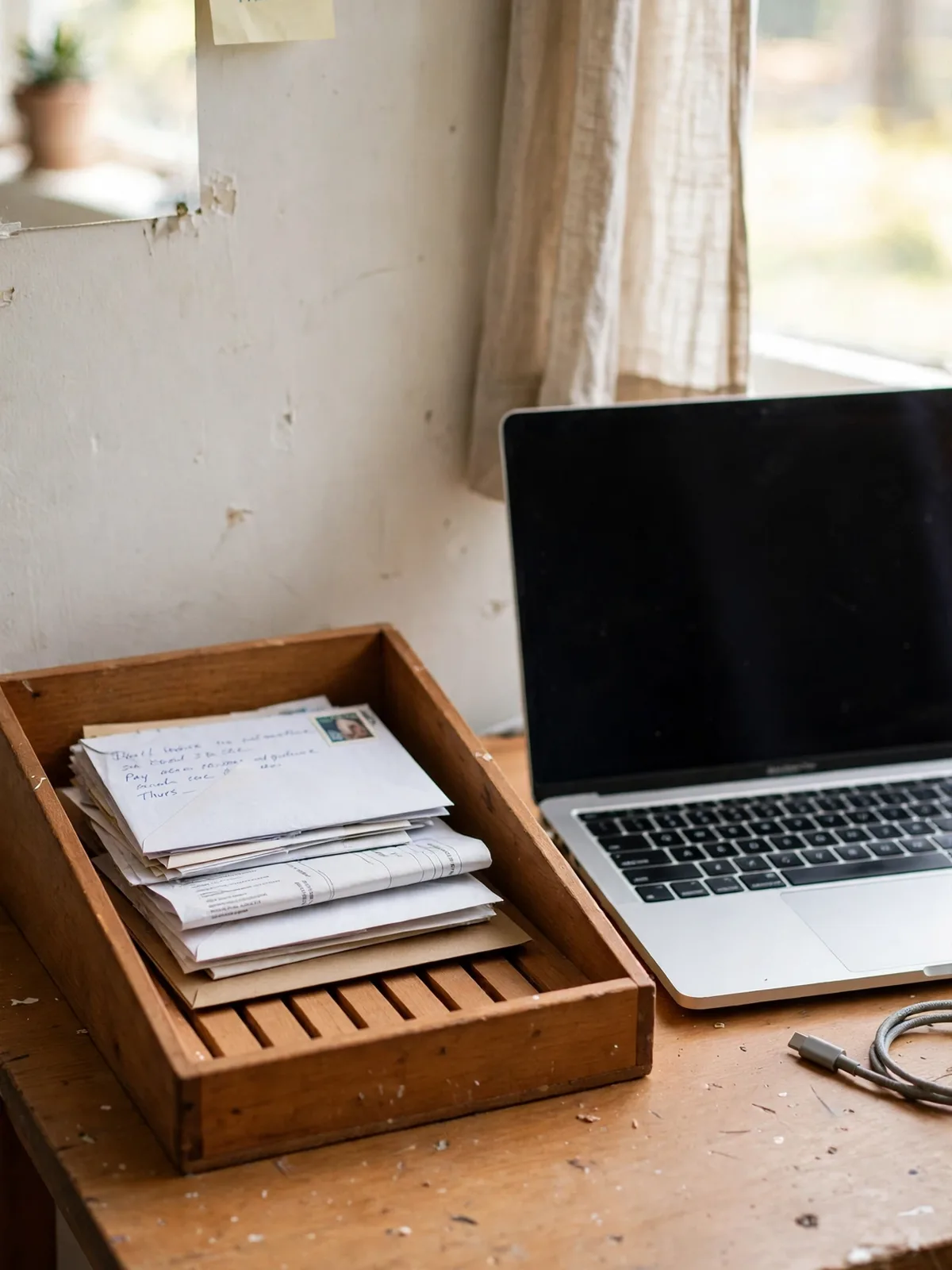 Single wooden inbox tray on a small desk holding a neat stack of incoming papers and mail beside a laptop, desk otherwise clear
