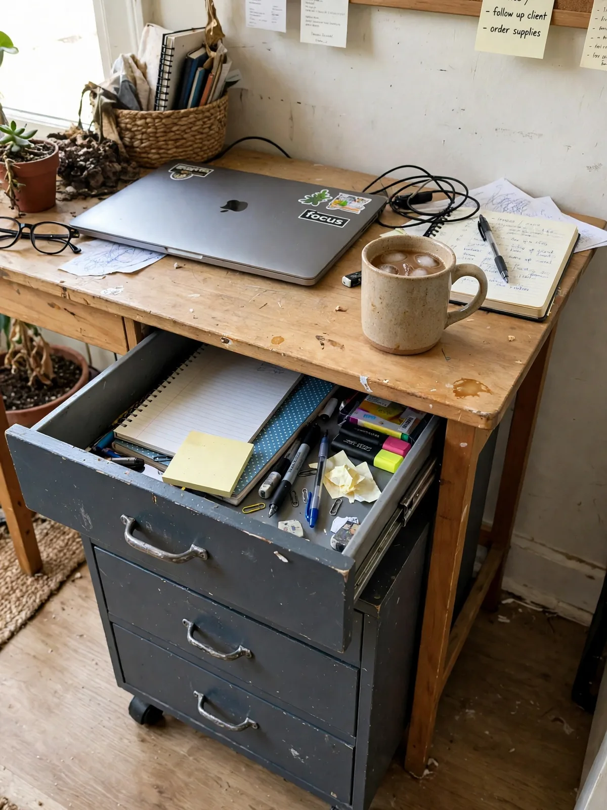 Rolling three drawer pedestal cabinet tucked under a small desk with the top drawer open showing notebooks and everyday office supplies inside