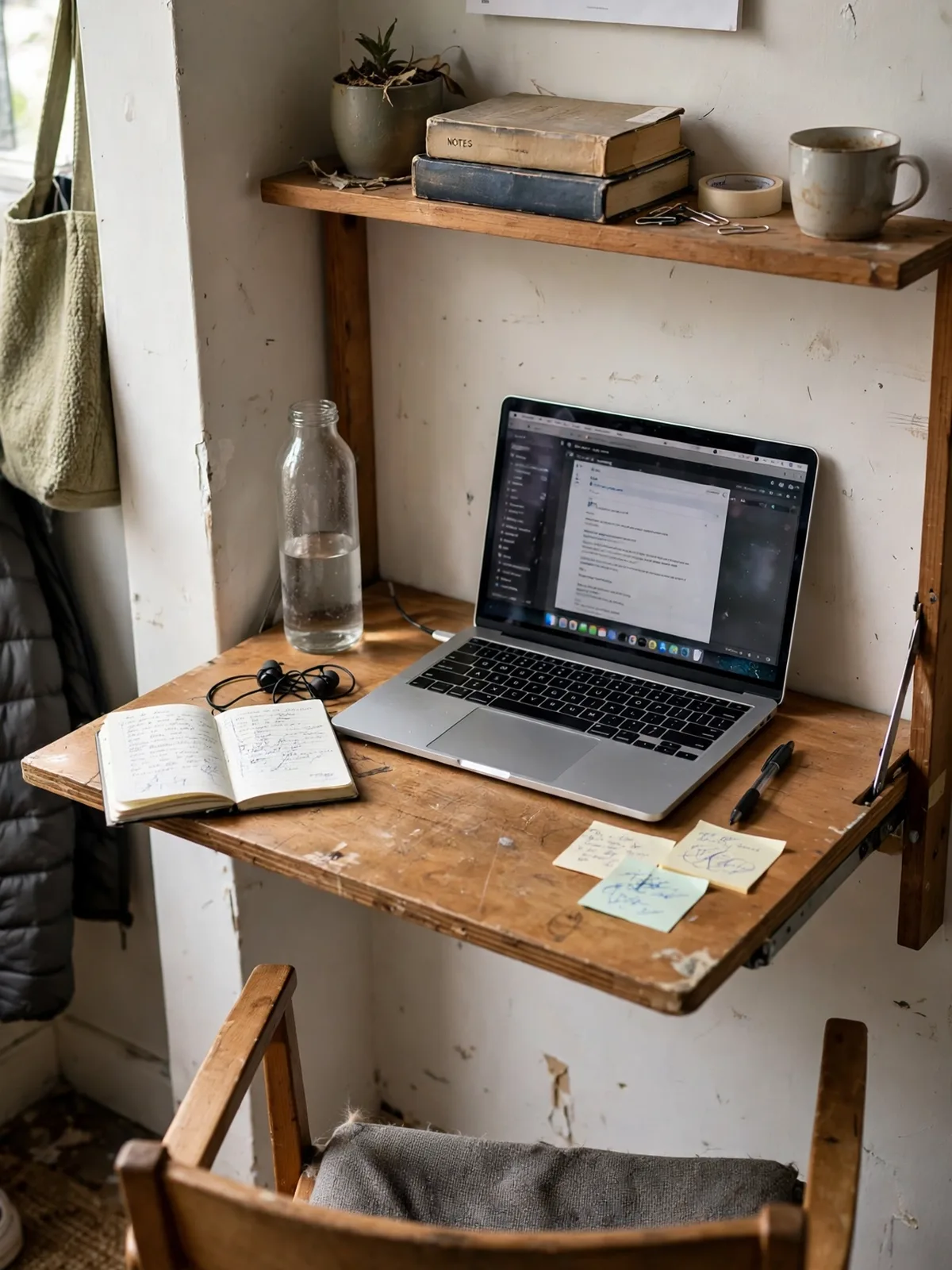 Fold down wall mounted desk opened in a tiny apartment nook with a laptop on it, a small shelf above and chair
