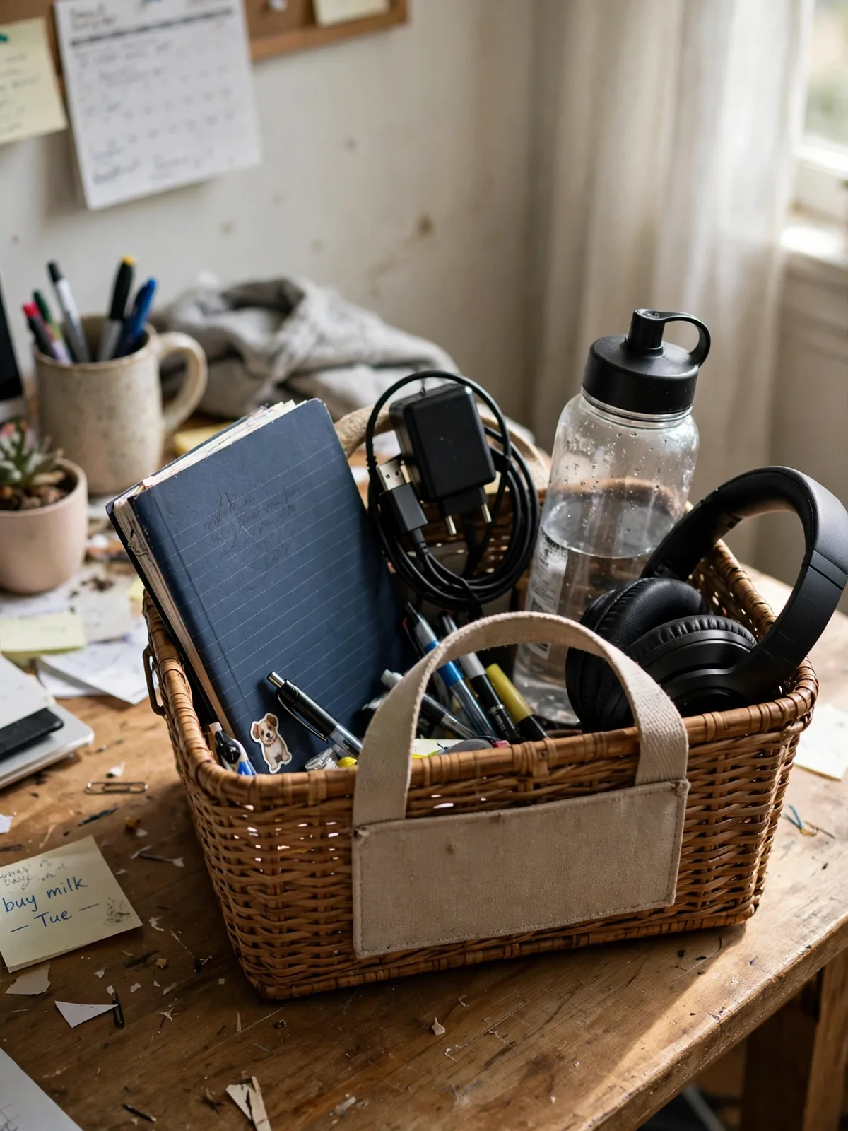 Handled carry caddy basket on a desk holding a laptop charger, notebook, pens, water bottle and headphones ready to carry away after work