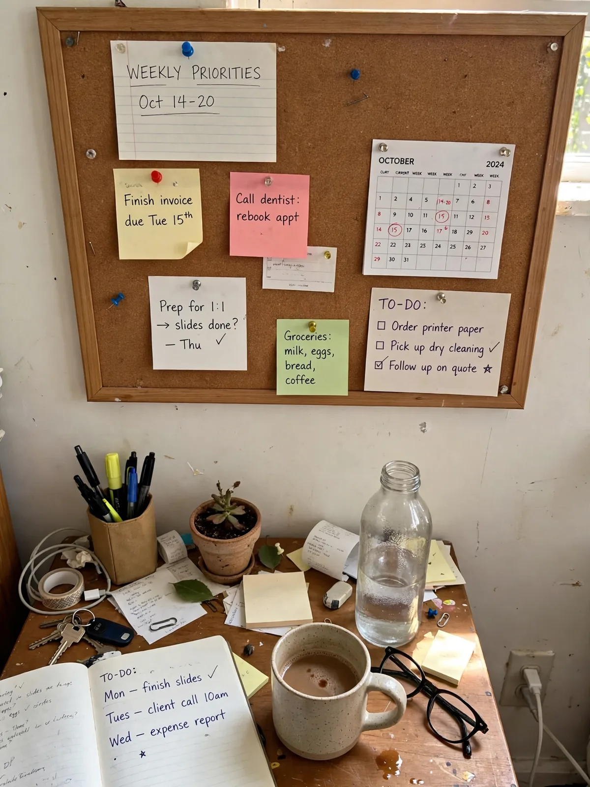 Cork command board on the wall above a small desk with pinned weekly priority notes, a small calendar and to do cards