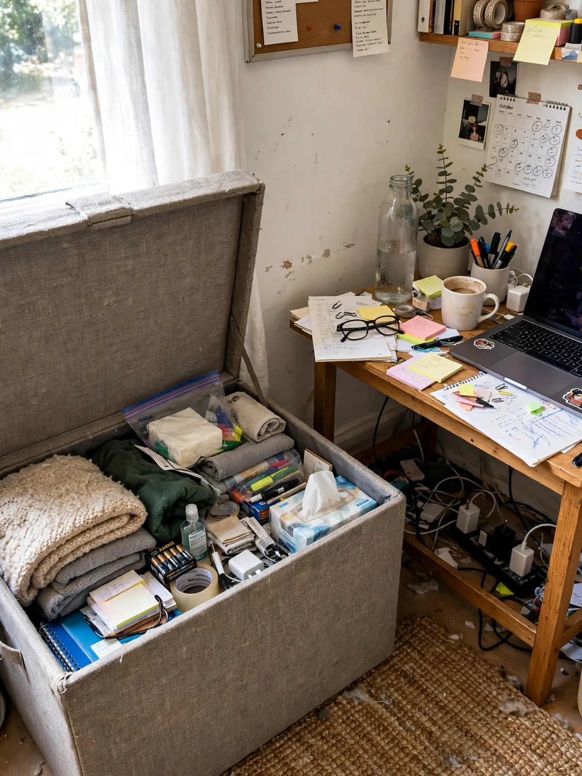 Fabric storage ottoman beside a small desk with its lid ajar showing blankets and extra supplies inside, doubling as a guest seat