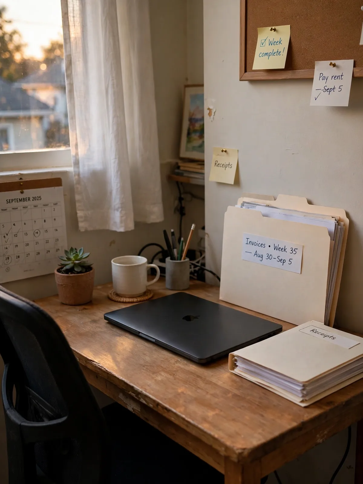 Completely tidy small home office desk on a Friday evening with laptop closed, papers filed, mug gone and chair pushed neatly in