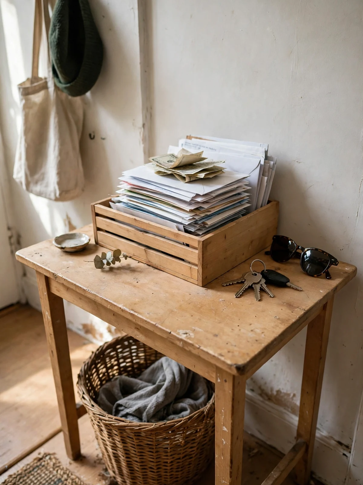 Wooden crate inbox tray on a small entry table holding a stack of sorted mail and envelopes, with keys and sunglasses beside it and a woven basket underneath