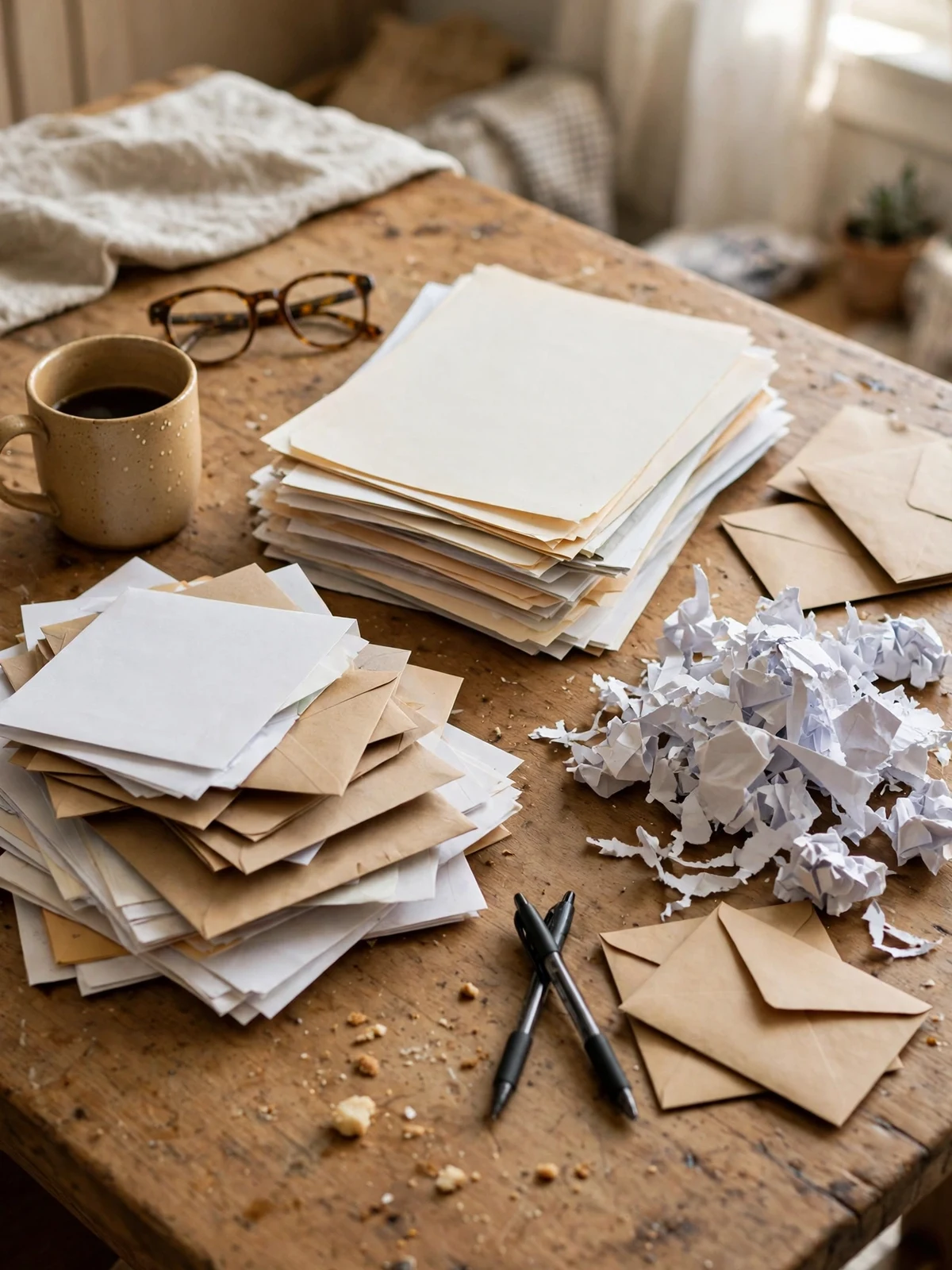 Kitchen table during a weekly paper sort with three piles of papers and envelopes, a coffee mug, reading glasses, pens and a small pile of shredded paper