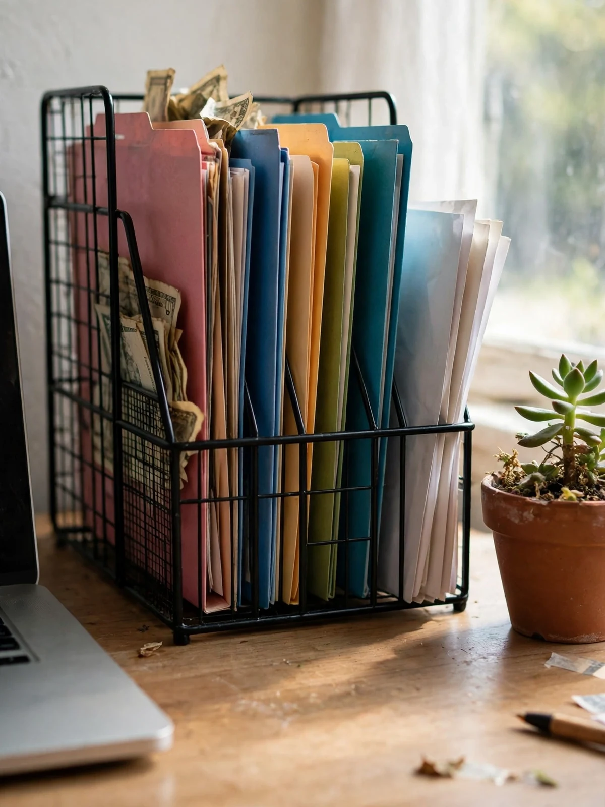 Black metal desktop file sorter on a wooden desk holding colorful upright folders and papers, with a laptop edge and a small potted succulent beside it near a window