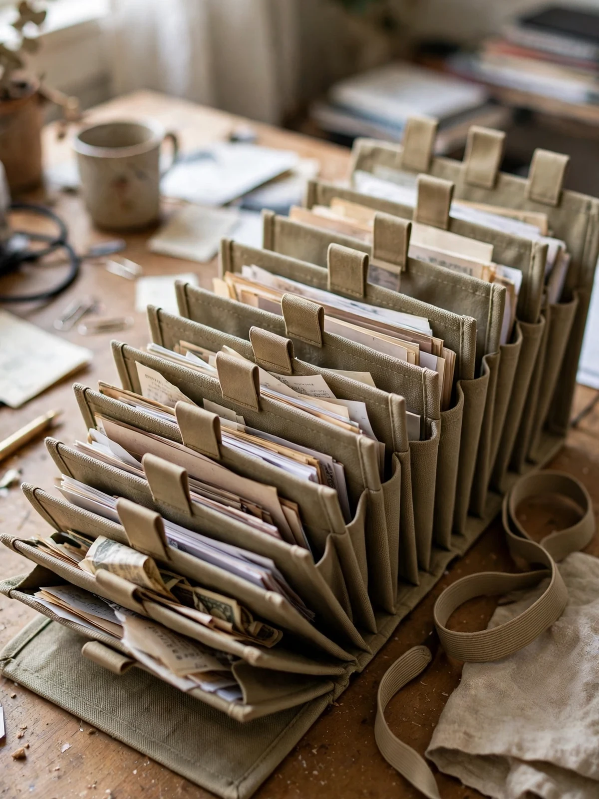 Open fabric accordion file fanned out on a desk showing many tabbed pockets filled with papers and receipts, with a mug and glasses nearby in natural light