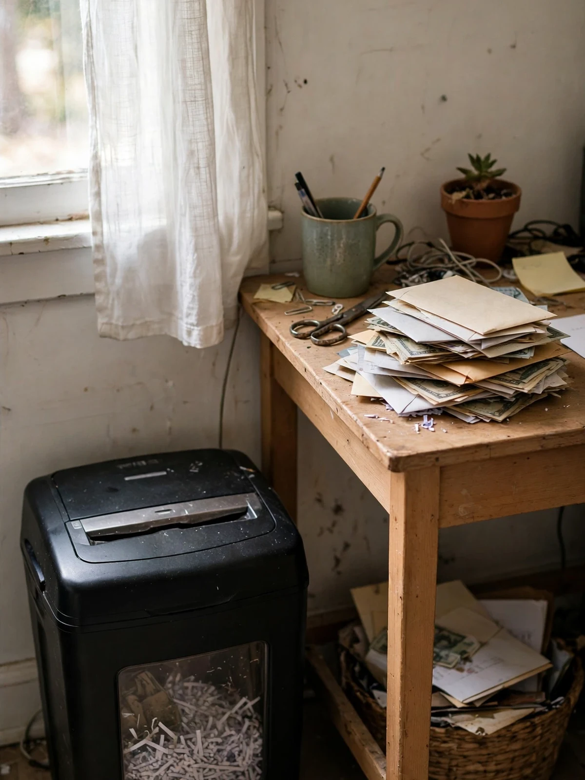 Compact black paper shredder beside a small wooden desk with a pile of junk mail and envelopes waiting on top and shredded paper visible in the bin