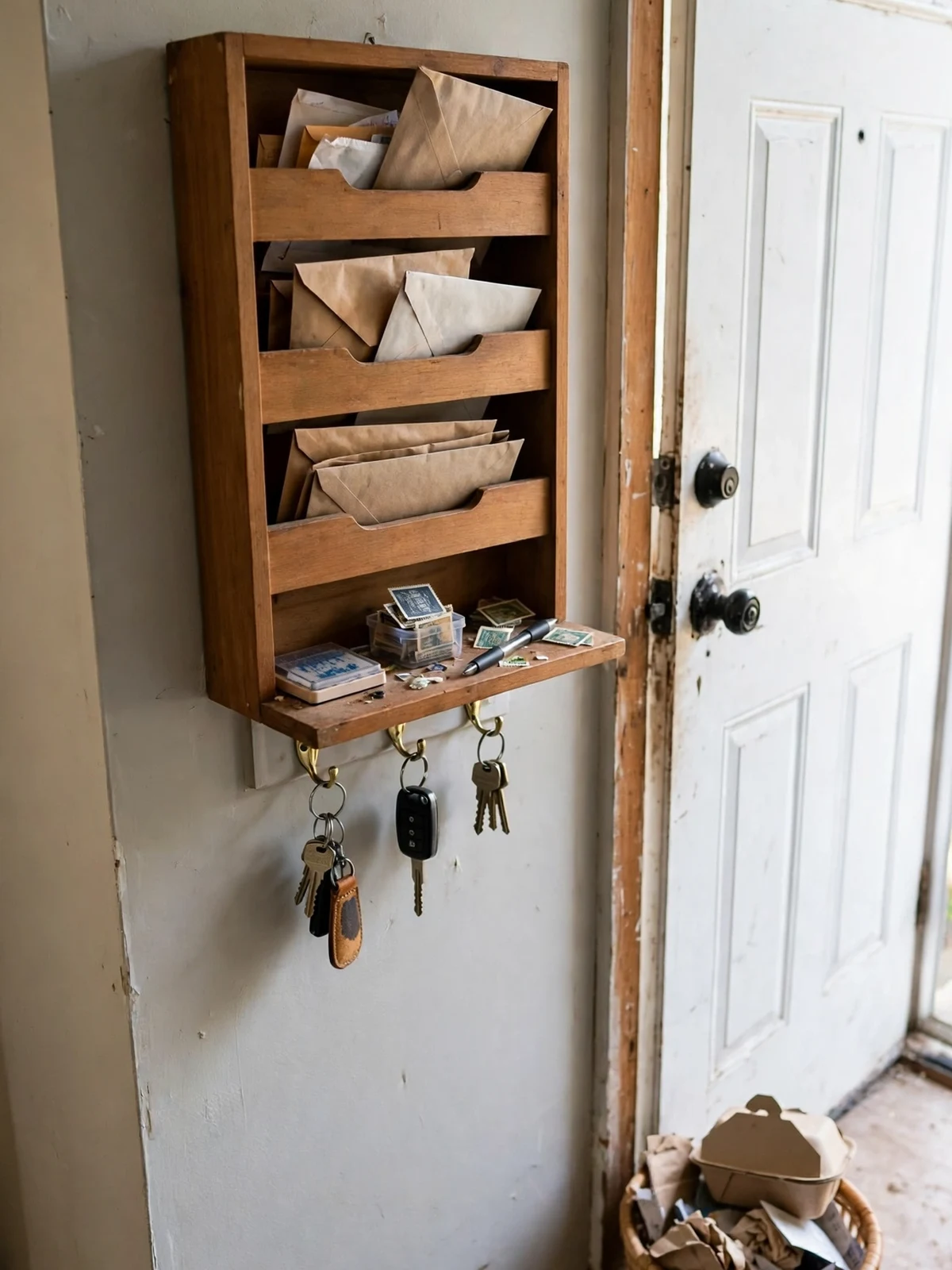 Wall-mounted wooden mail sorter with three slots full of envelopes beside a front door, with a small shelf for stamps and a pen, keys on hooks below and a recycling basket on the floor