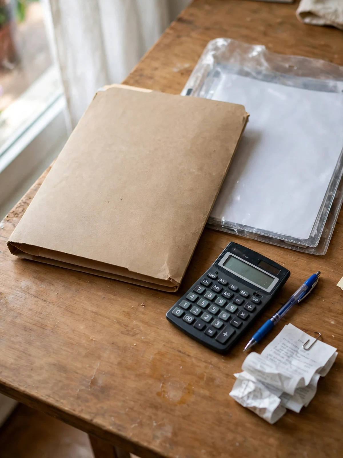 Single kraft tax folder and a clear document wallet on a wooden desk with a calculator, blue pen and a small paper-clipped bundle of receipts beside them