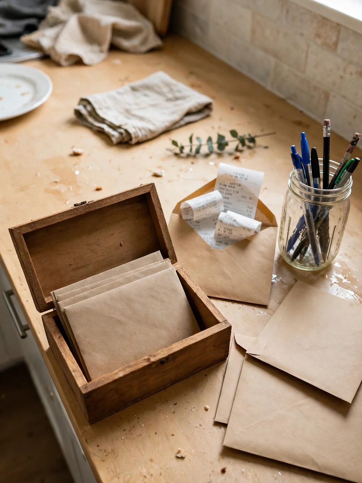 Small open wooden box on a kitchen counter holding kraft envelopes, with store receipts being tucked into an open envelope and a jar of pens beside it