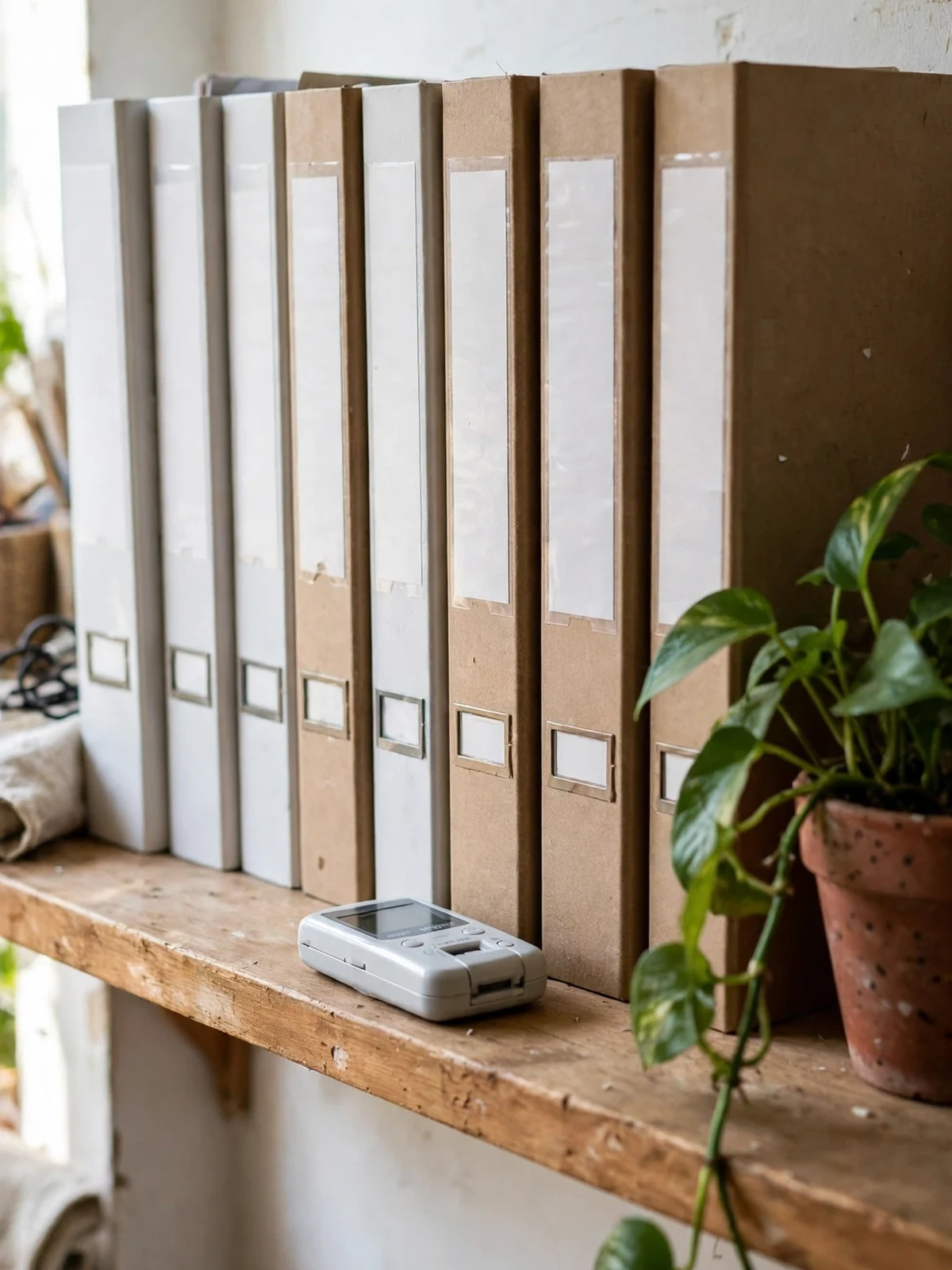 Row of white and kraft binders with blank label holders standing on a wooden shelf, with a small label maker sitting in front and a trailing pothos plant beside them