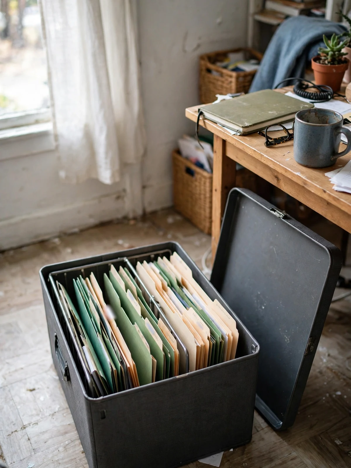 Open portable filing box on the floor beside a desk, filled with green and manila hanging folders holding household files, its lid leaning against the desk