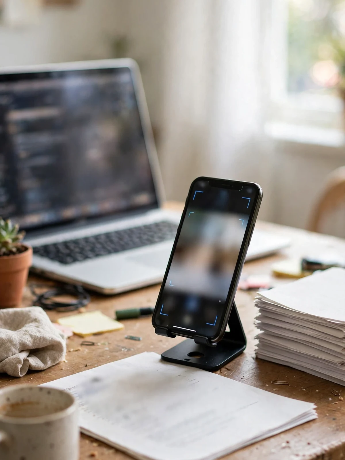 Smartphone on a small stand scanning a document on a tidy desk, with a neat stack of scanned papers beside it and a laptop open in the background