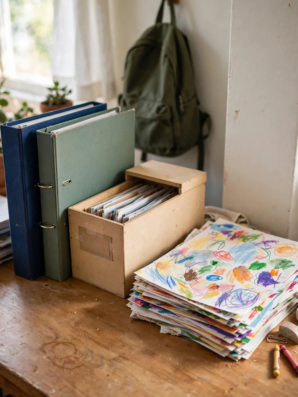 Two binders and a keepsake file box on a family desk with a stack of colorful childrens artwork beside them and a backpack hanging on a wall hook behind