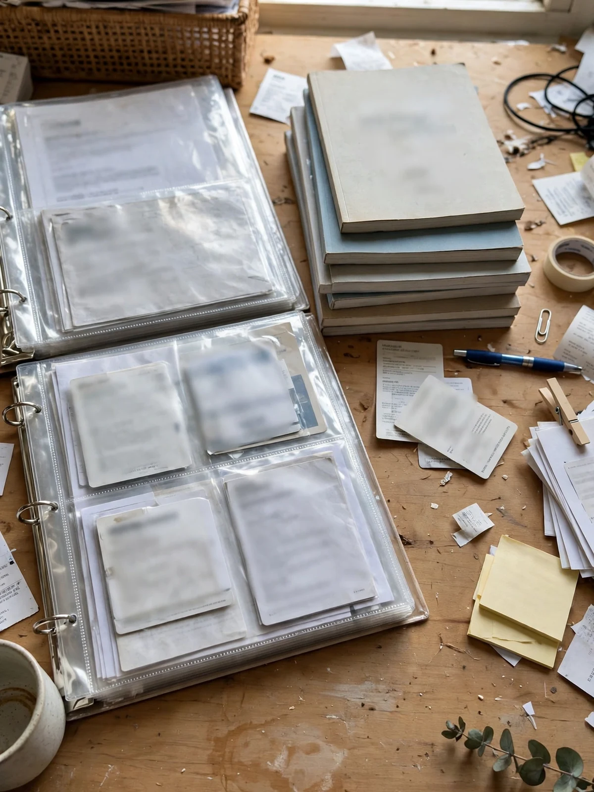 Open clear-sleeve binder on a desk holding warranty cards and appliance manuals in transparent pockets, with a neat stack of manuals beside it