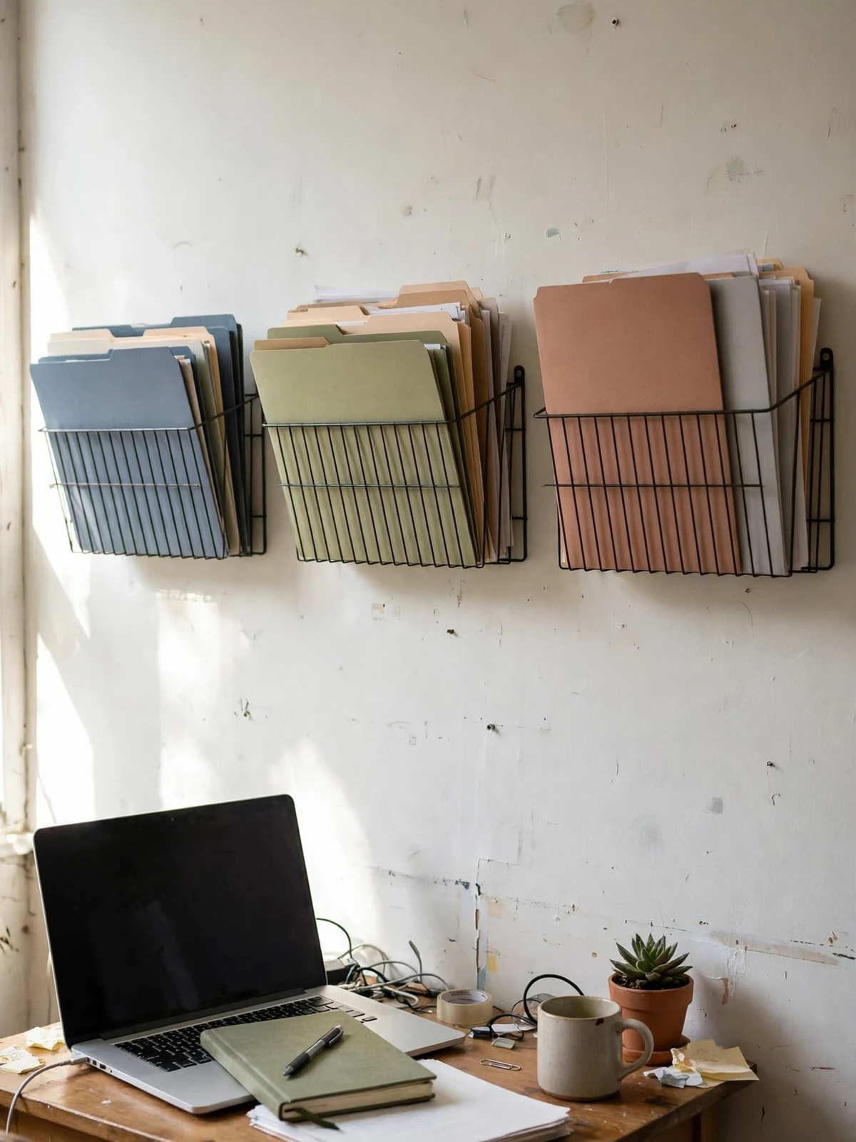 Three wall-mounted wire file holders above a small desk holding colorful project folders upright, with a laptop, notebook and mug on the desk below