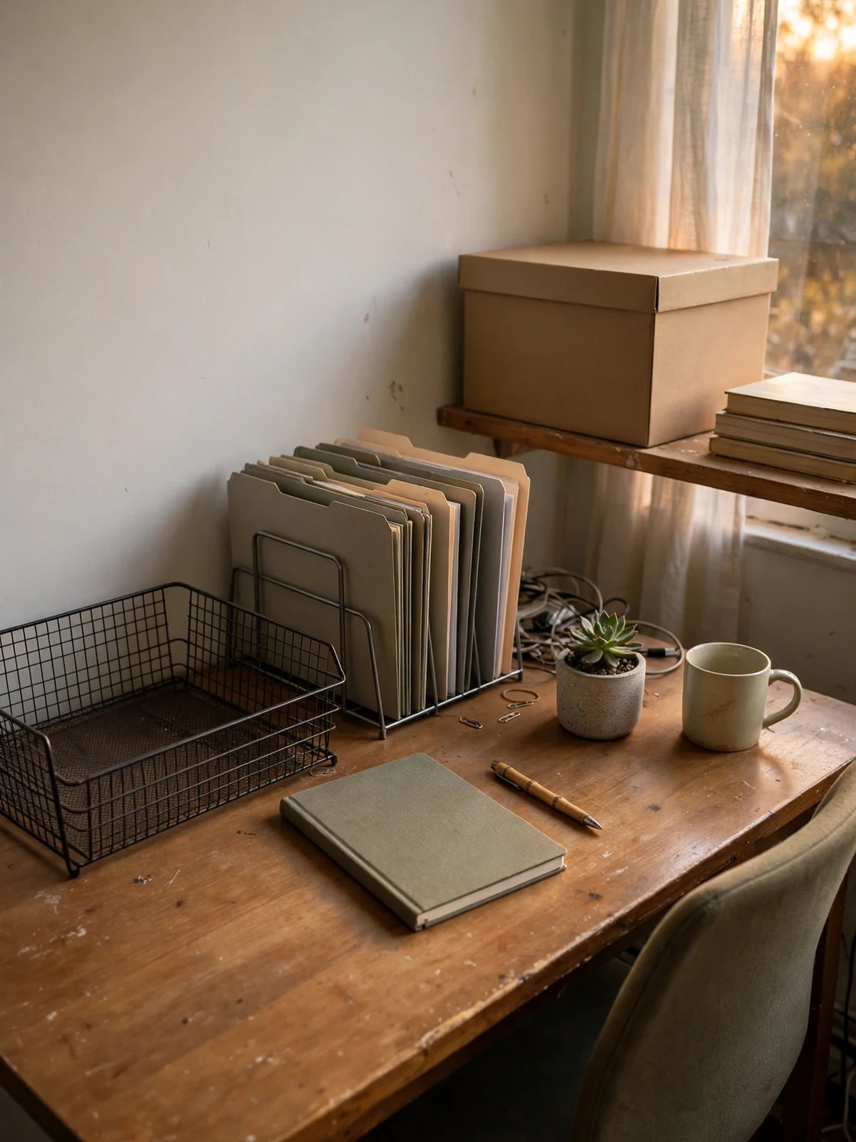 Calm reset desk in warm evening light with an empty wire inbox tray, tidy upright folders, a closed archive box on the shelf above and a mug beside a small plant