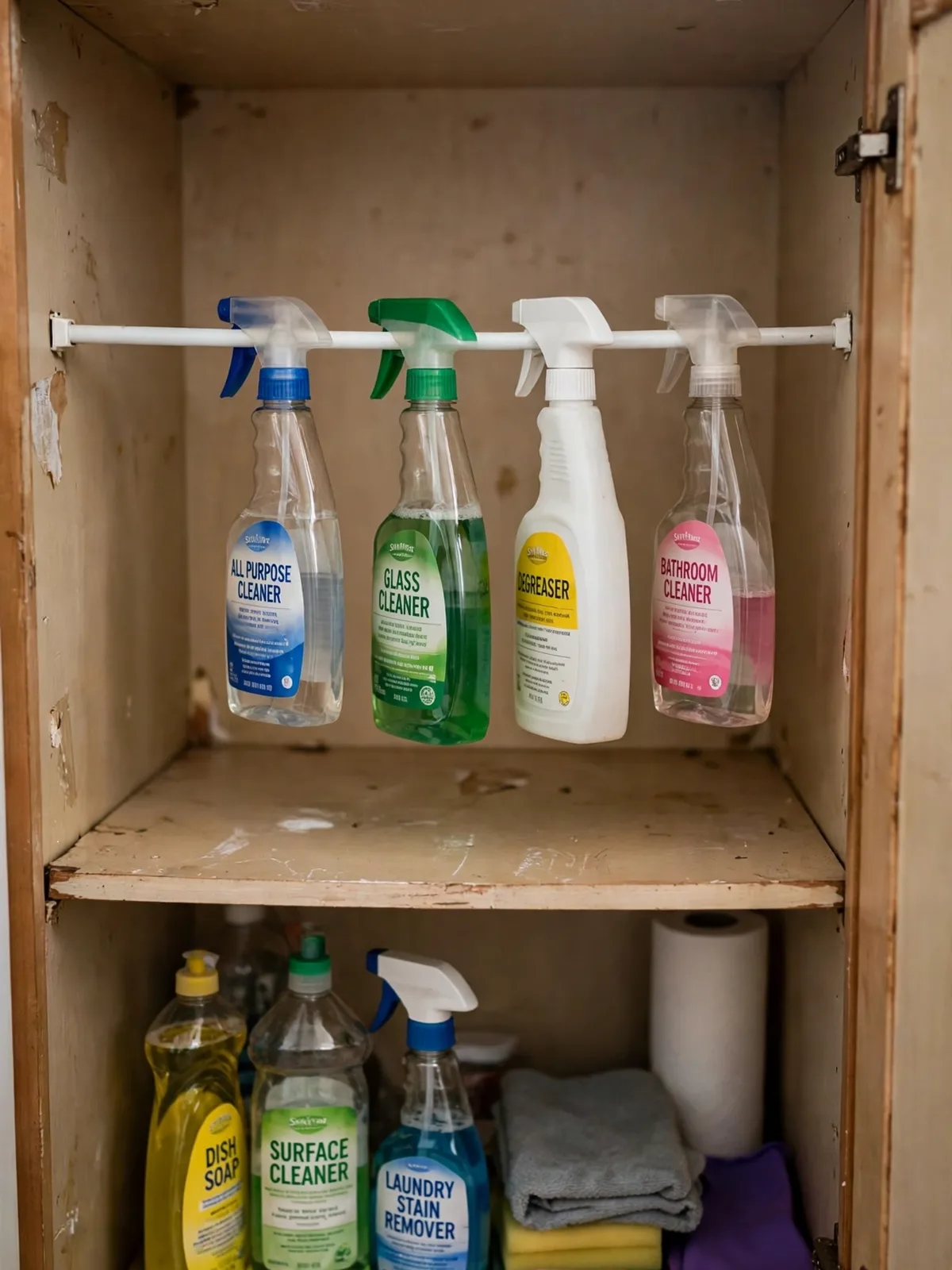 Open kitchen cabinet in a small rental apartment with a white tension rod creating a second shelf holding spray bottles and cleaning supplies neatly inside