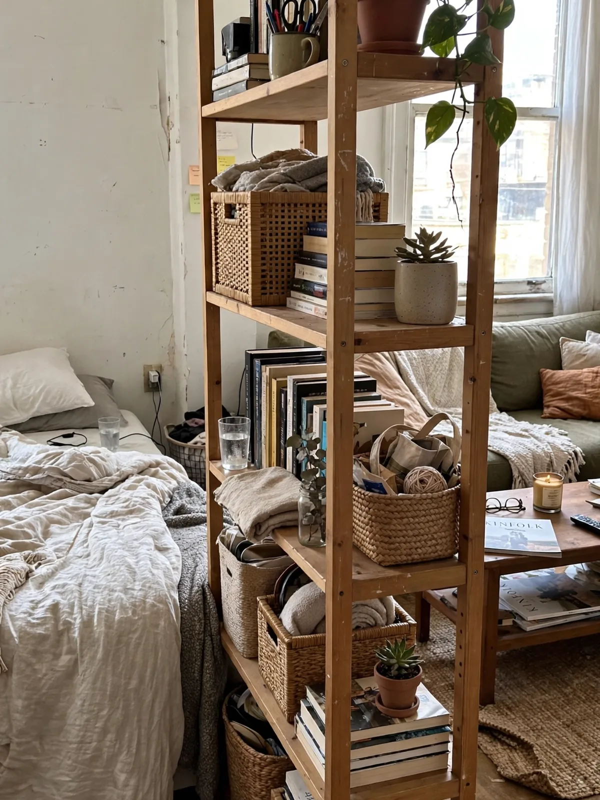 Freestanding open wooden bookshelf used as a room divider in a bright studio rental apartment, separating the bed area from living space with books plants and baskets