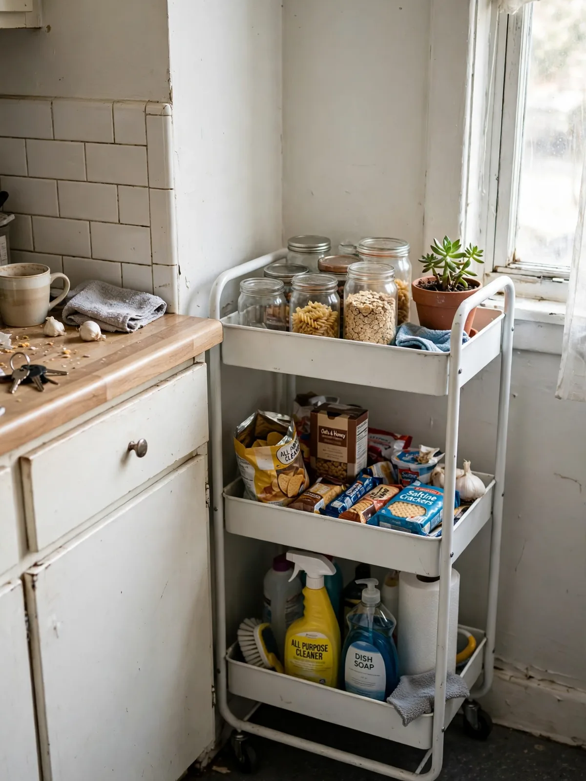 White three-tier metal rolling cart on wheels beside a kitchen counter in a small rental apartment, filled with jars snacks cleaning supplies and a small green plant