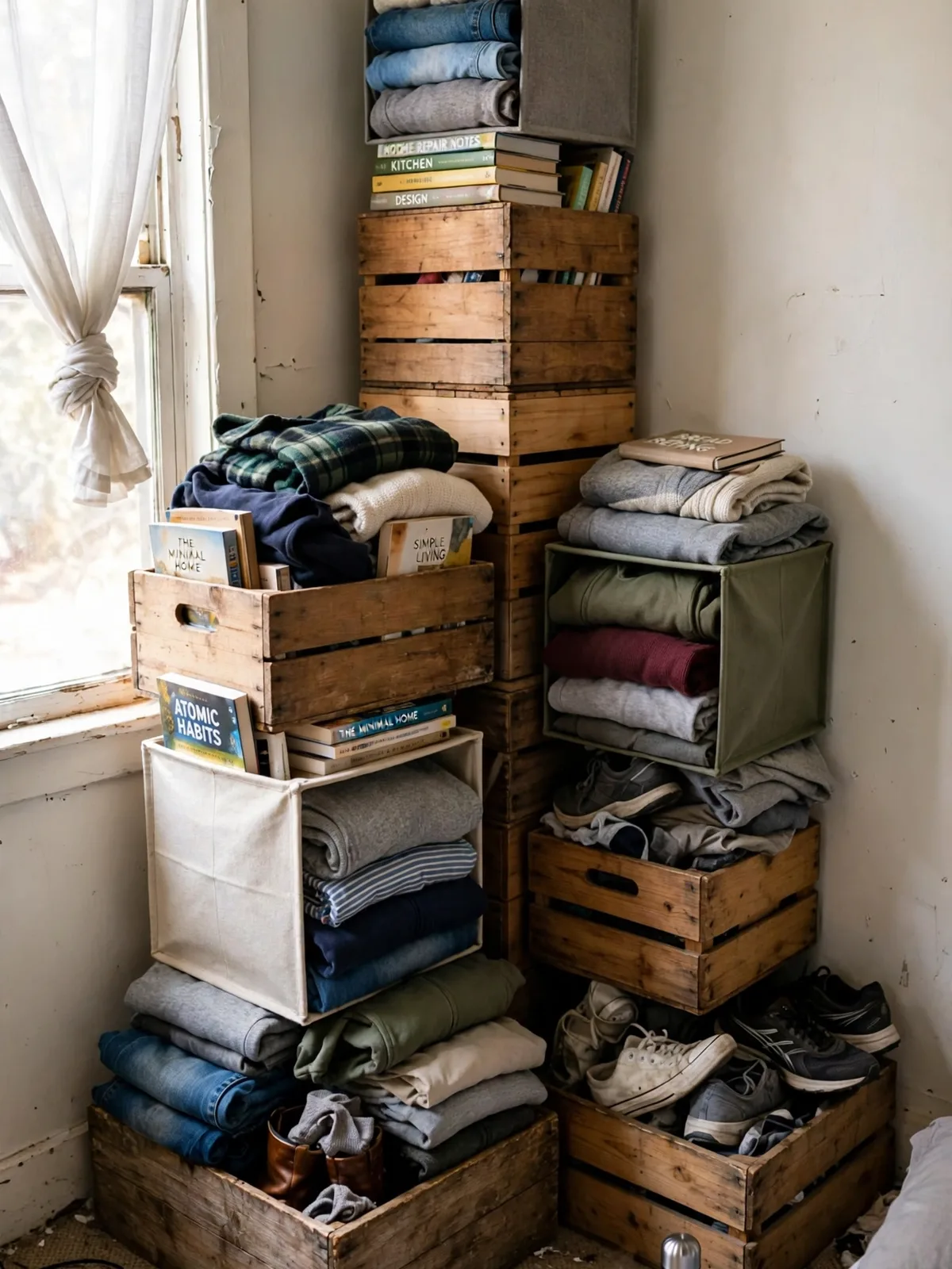 Stackable wooden crates and fabric storage cubes built upward in the corner of a small rental bedroom, holding folded clothes books shoes and everyday essentials neatly