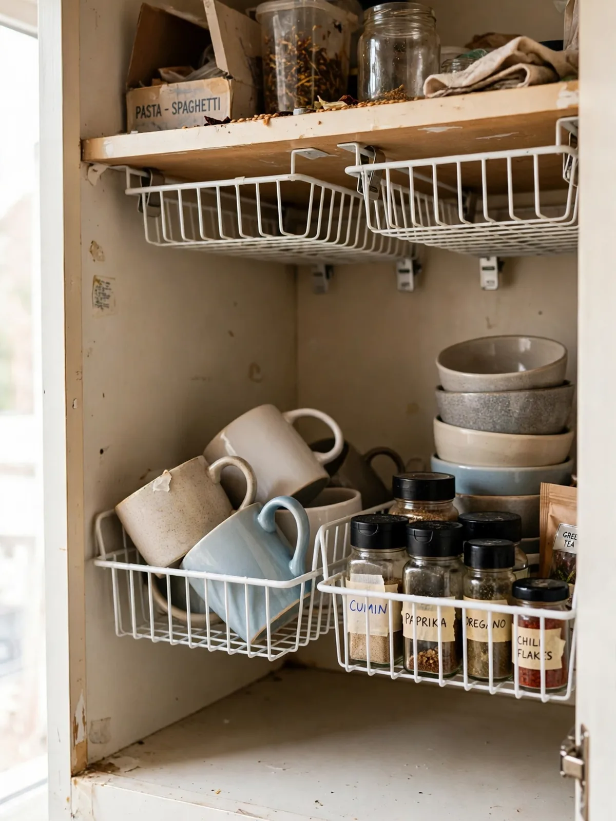 White wire under-shelf baskets clipped onto kitchen cabinet shelves in a rental apartment, holding mugs small bowls and spice jars in the wasted space below each shelf