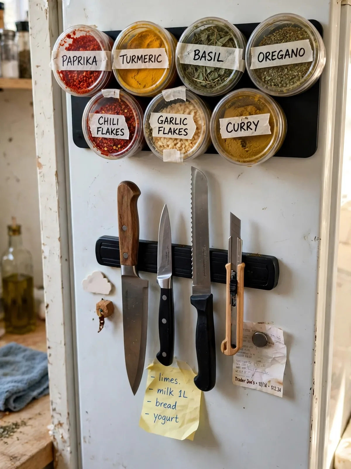 Side of a refrigerator in a small rental kitchen covered with round magnetic spice tins with clear lids showing colorful spices arranged in a neat grid pattern