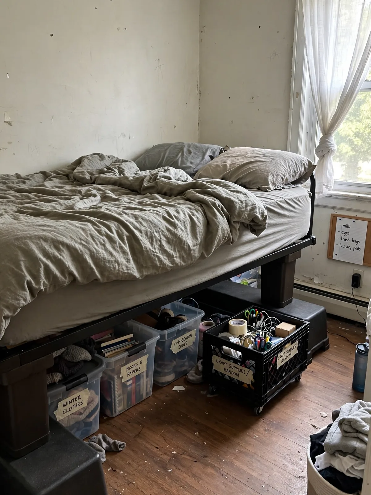 Bed raised on sturdy dark risers in a small rental bedroom showing tall clearance underneath filled with labeled storage bins and a rolling crate fitting easily below frame