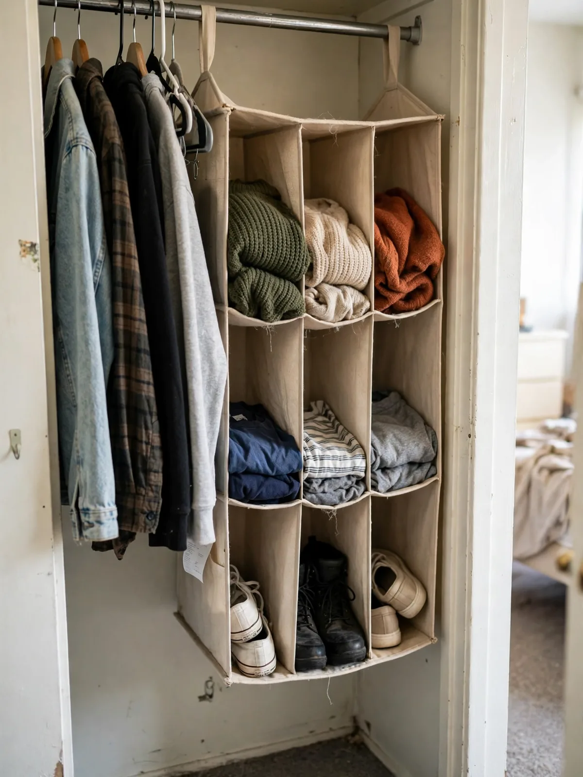 Fabric hanging closet shelves suspended from a closet rod in a small rental bedroom closet, compartments filled with folded sweaters t-shirts and shoes beside hanging clothes