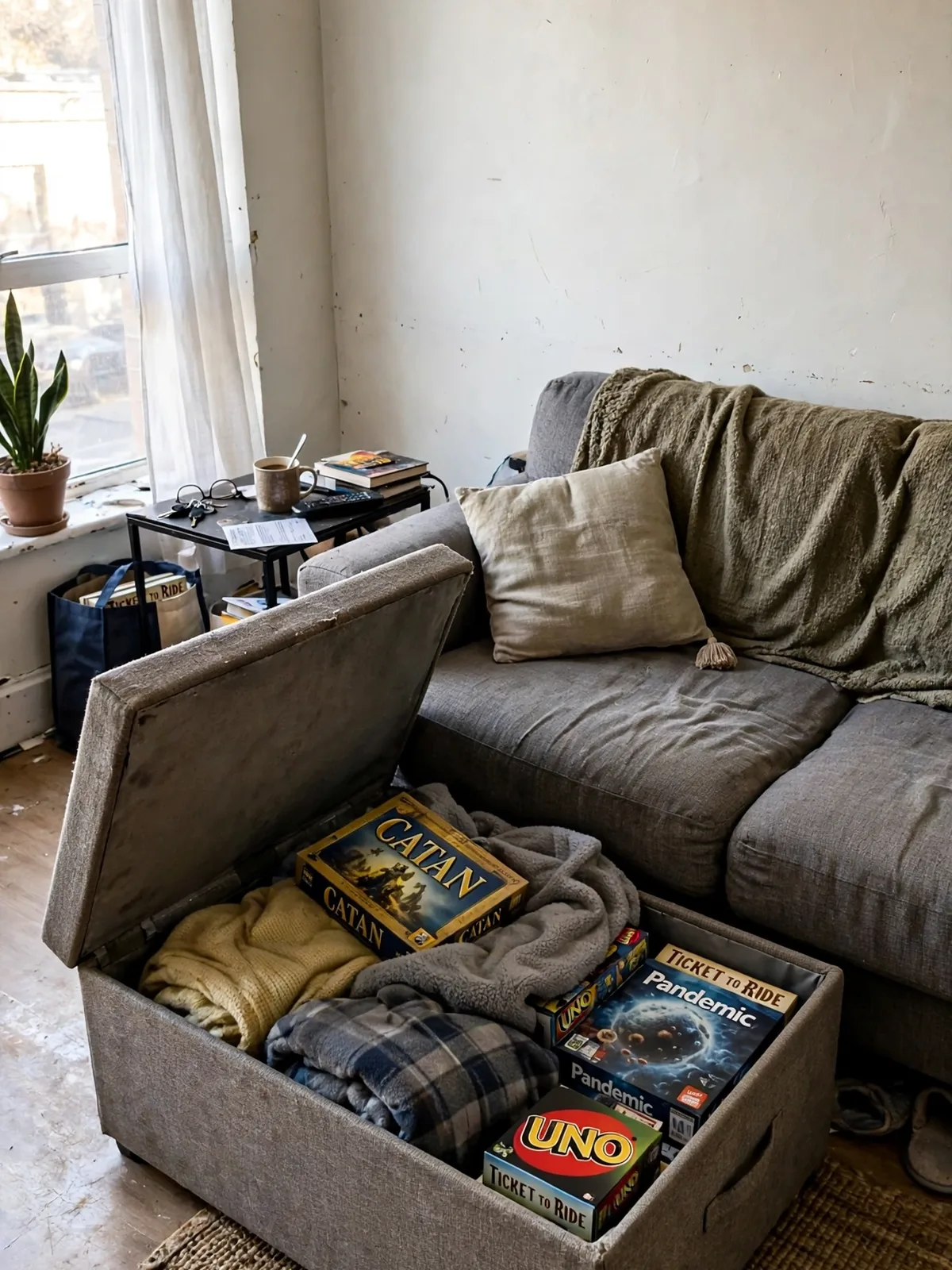 Fabric storage ottoman with lid open in a small rental living room showing blankets and board games stored inside, doubling as footrest and extra seat by sofa