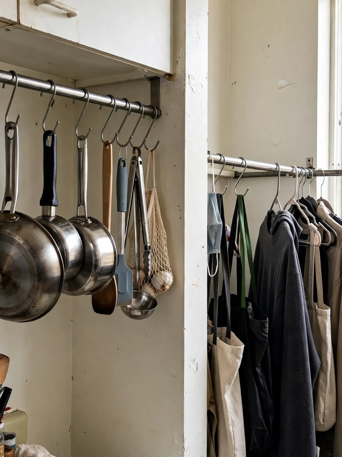 Metal S-hooks hanging on a kitchen rail and closet rod in a rental apartment, holding pots utensils bags and hangers using existing rods with no new fixings