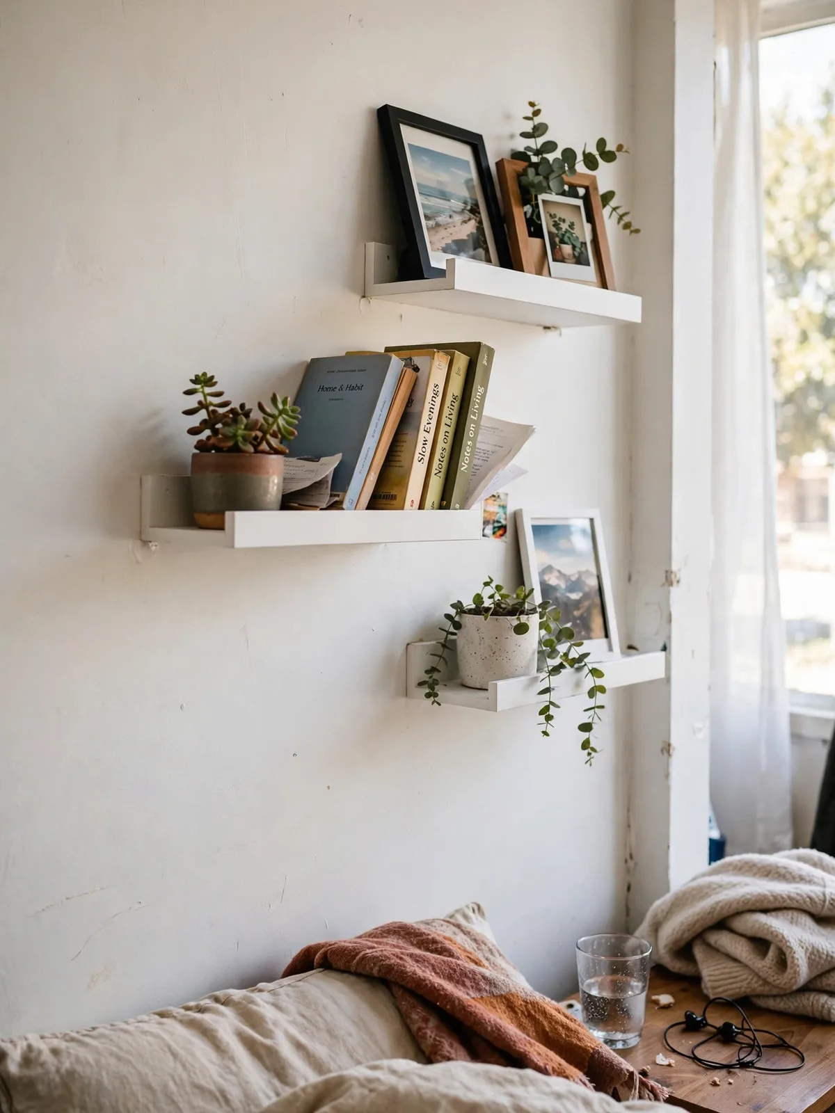 Small white peel-and-stick picture ledges on a rental bedroom wall holding framed photos small plants and books above a bedside, clean wall with no screw holes visible