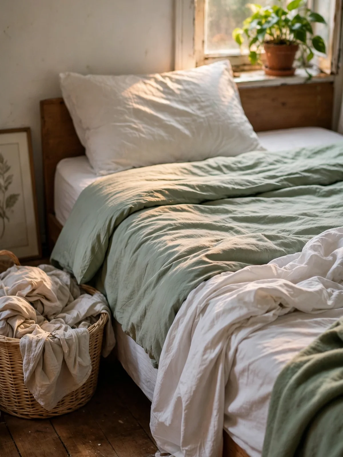 A bed half-made with fresh white and sage bedding, stripped sheets gathered in a basket beside it in warm afternoon light