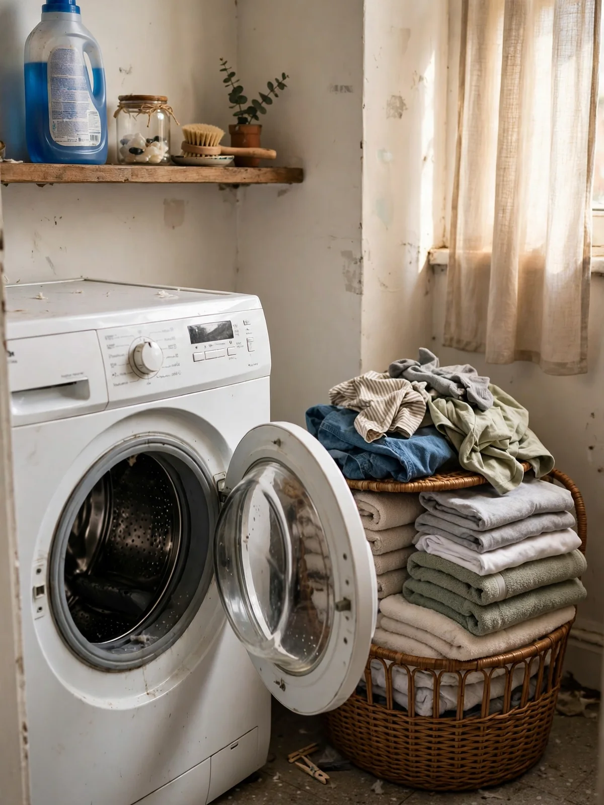 A washing machine with its door open beside a basket of neatly folded towels and clothes in a small laundry corner