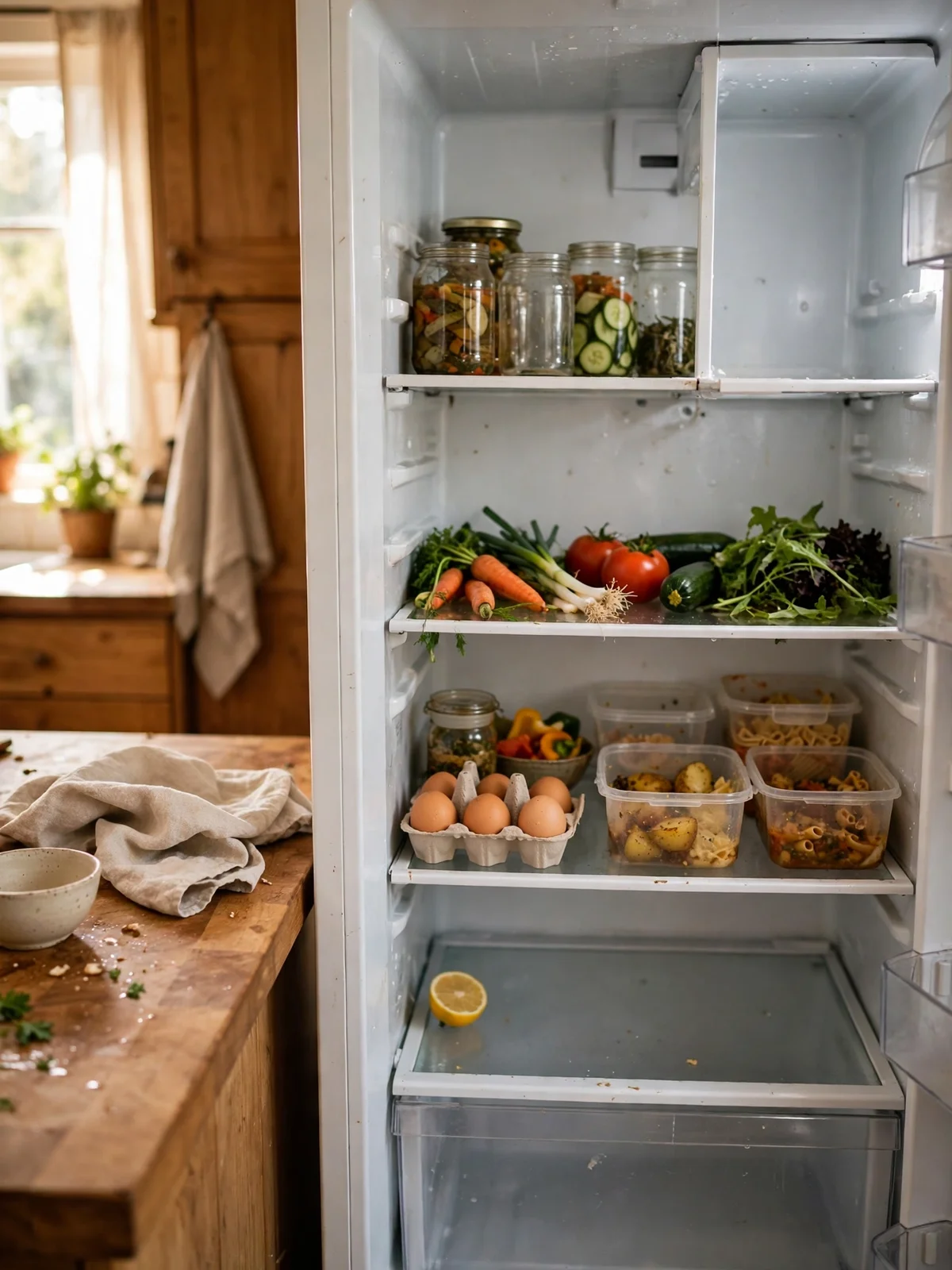 An open tidy fridge with fresh vegetables, eggs, jars and leftovers containers arranged on clean shelves