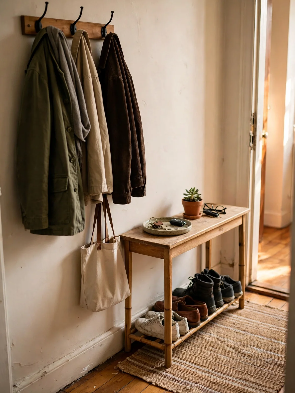 A calm entryway with shoes lined up on a rack, coats on hooks and a small tray for keys on a wooden table