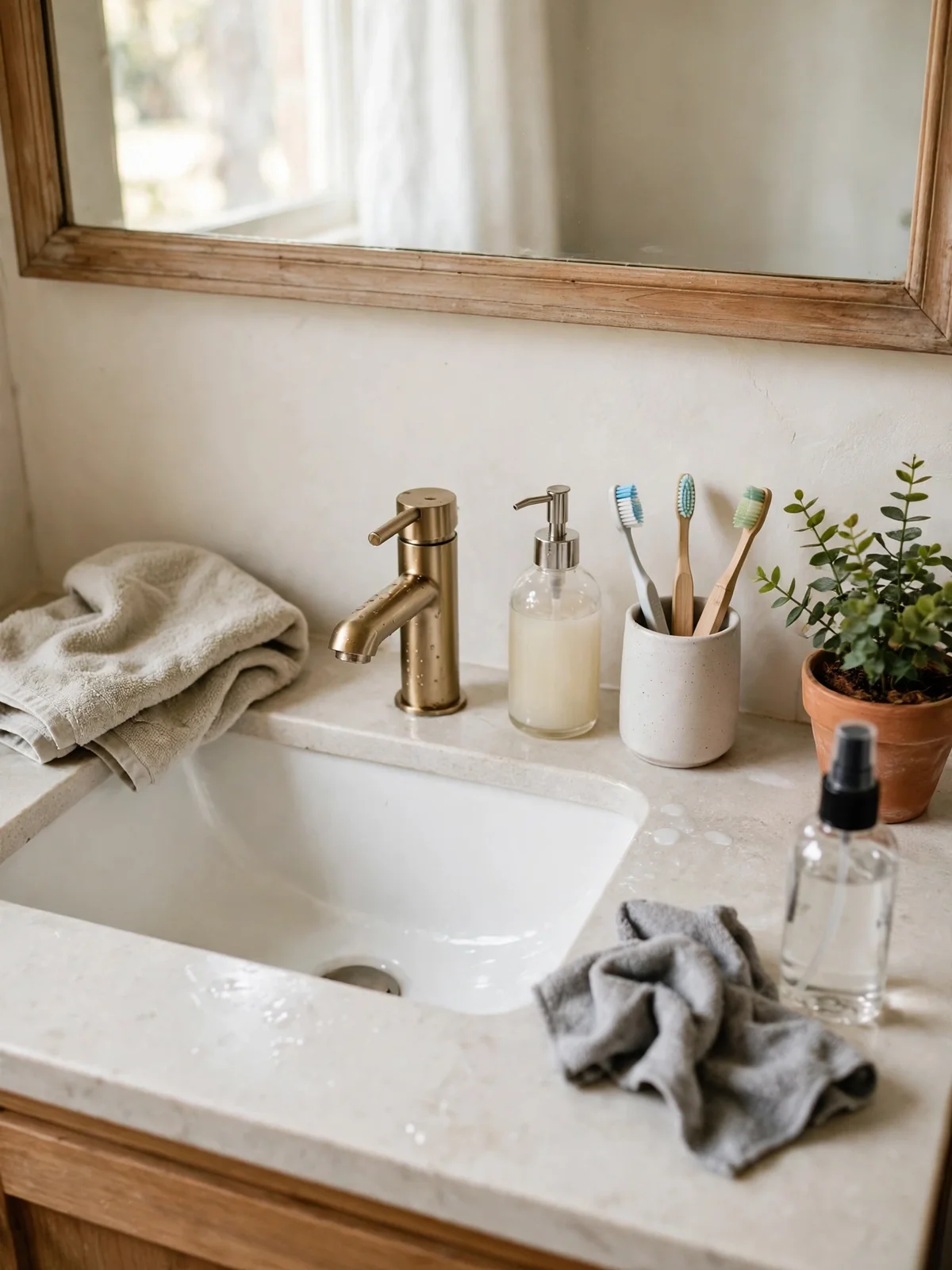 A clean bathroom counter with a tidy sink, soap dispenser, toothbrush holder and a spray bottle and cloth after a wipe-down
