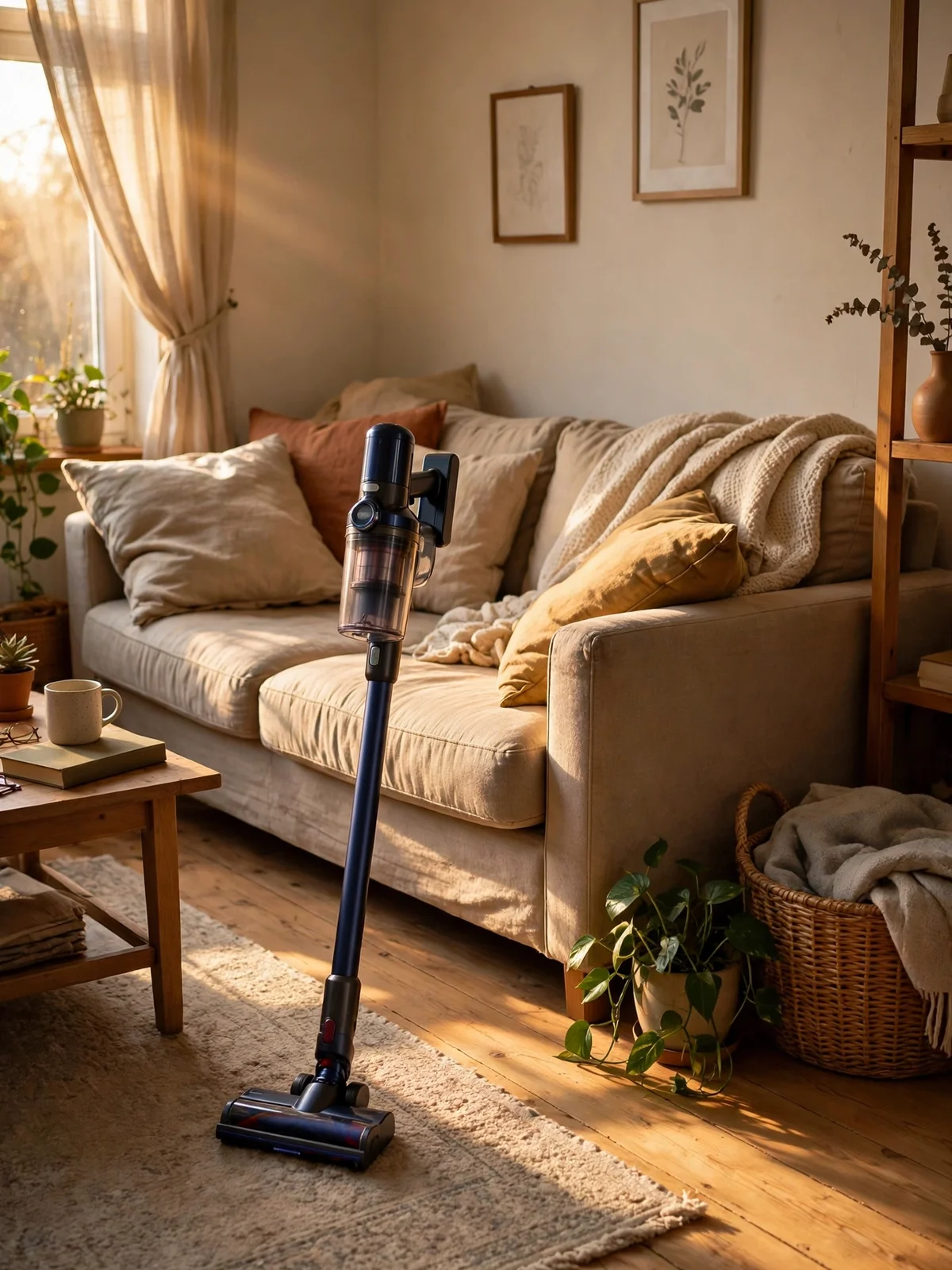 A cordless vacuum on a rug in a warm living room with golden late-afternoon light across the wooden floor
