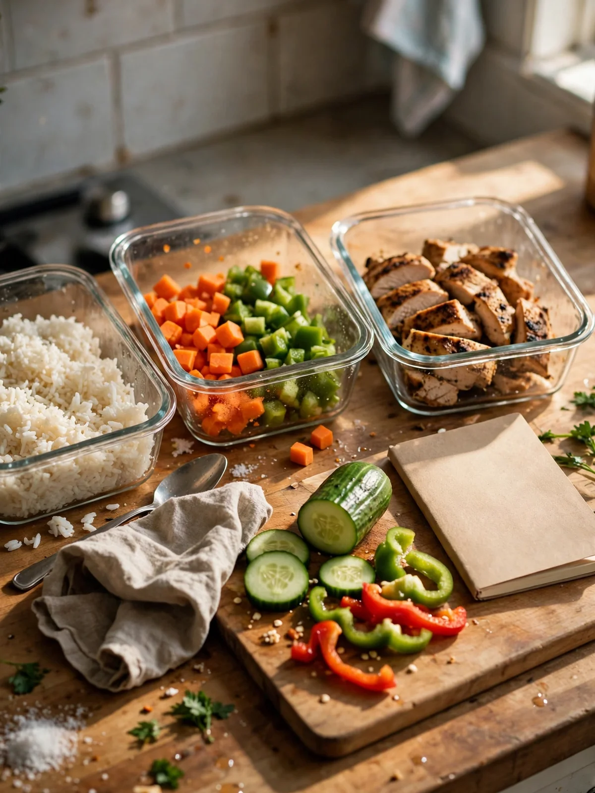 Glass meal-prep containers with rice, chopped vegetables and grilled chicken on a kitchen counter beside a cutting board